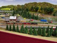 Anlage in Spur&nbsp;TTm; Zug mit Fahrzeugen der Harzer SchmalSpur&nbsp;bahnen